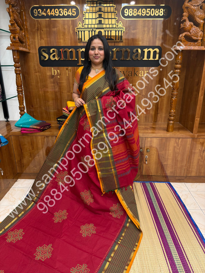 Red with Mustard Selvedge , Kolam Handblock Printed Chettinad Cotton Saree