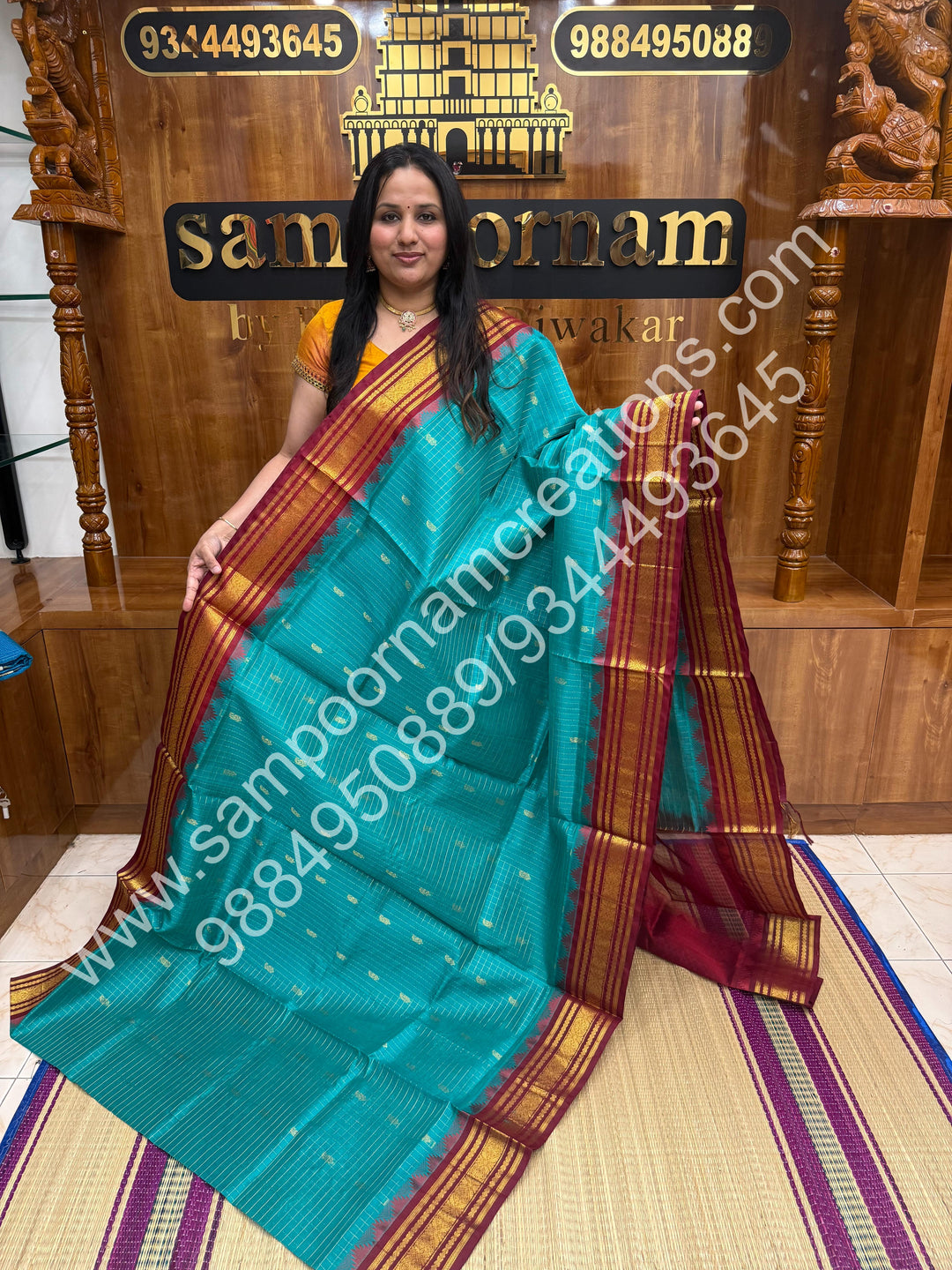 Rama Blue with Maroon ,  Rich Zari Checks with Mango Butta  in the body and Traditional Border , Grand Pallu Pure Korvai Silk Cotton Saree