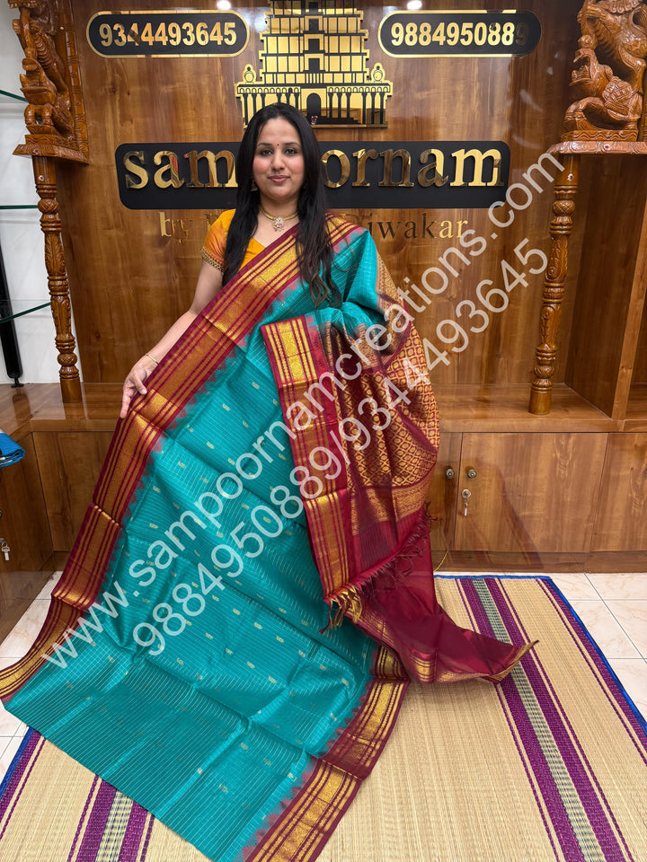 Rama Blue with Maroon ,  Rich Zari Checks with Mango Butta  in the body and Traditional Border , Grand Pallu Pure Korvai Silk Cotton Saree