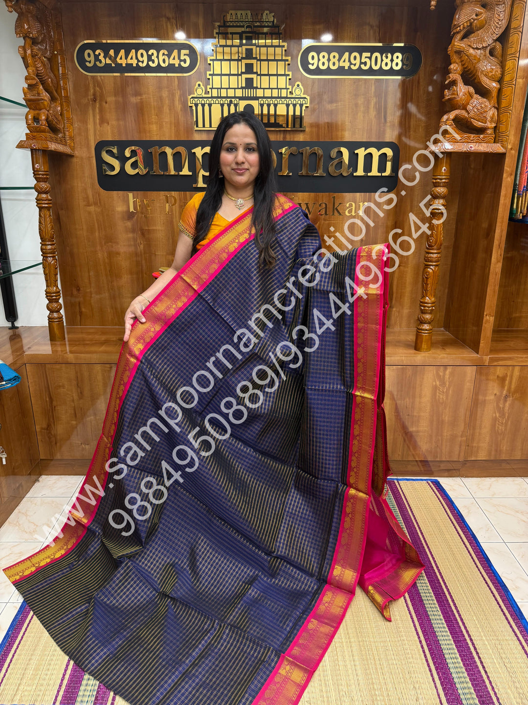 Dark Blue with Pink , Rich Zari  Checks in the body and Traditional Border , Grand Pallu Pure Korvai Silk Cotton Saree