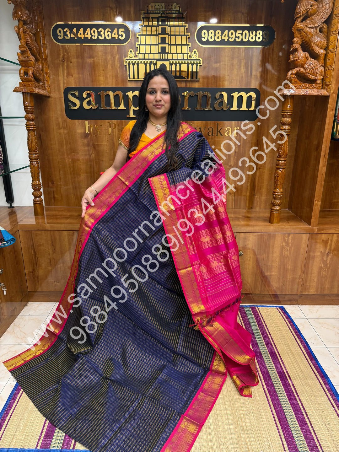 Dark Blue with Pink , Rich Zari  Checks in the body and Traditional Border , Grand Pallu Pure Korvai Silk Cotton Saree