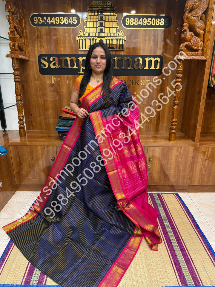 Dark Blue with Pink , Rich Zari  Checks in the body and Traditional Border , Grand Pallu Pure Korvai Silk Cotton Saree