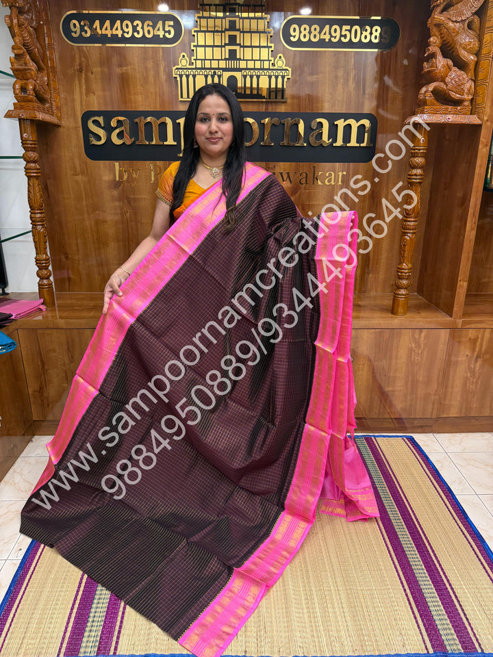 Brown with Baby Pink ,Rich Zari Checks in the body and Rettapet Border , Grand Pallu Pure Korvai Silk Cotton Saree