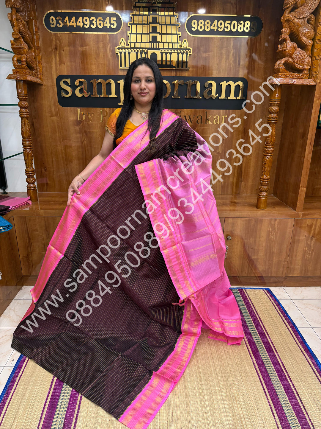 Brown with Baby Pink ,Rich Zari Checks in the body and Rettapet Border , Grand Pallu Pure Korvai Silk Cotton Saree