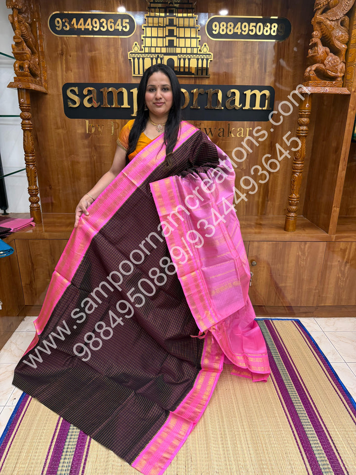 Brown with Baby Pink ,Rich Zari Checks in the body and Rettapet Border , Grand Pallu Pure Korvai Silk Cotton Saree