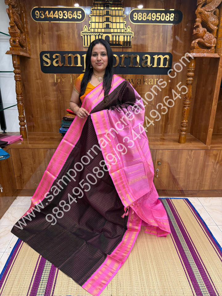 Brown with Baby Pink ,Rich Zari Checks in the body and Rettapet Border , Grand Pallu Pure Korvai Silk Cotton Saree
