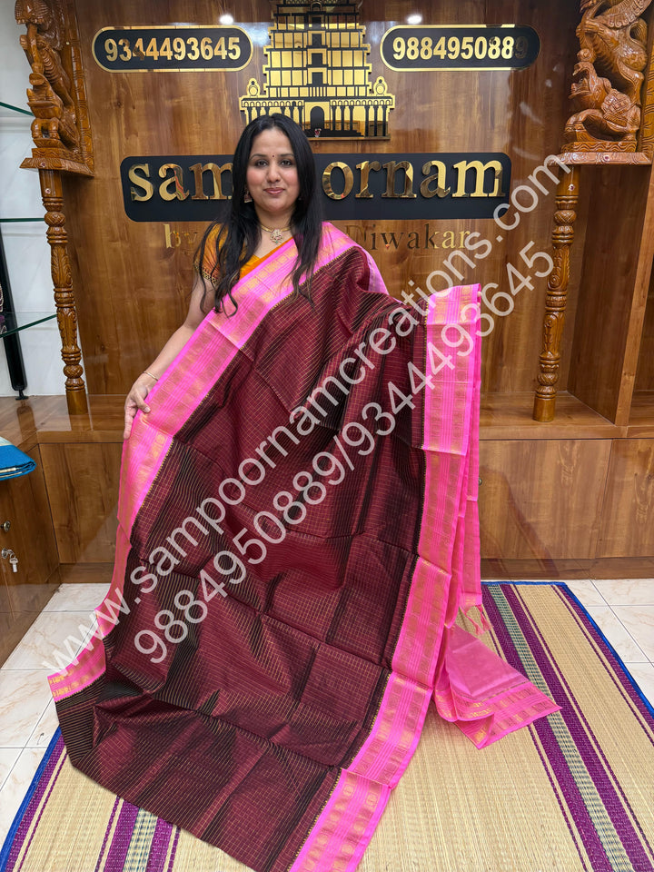 Arakku with Baby Pink Rich Zari Checks in the body and Rettapet Border , Grand Pallu Pure Korvai Silk Cotton Saree
