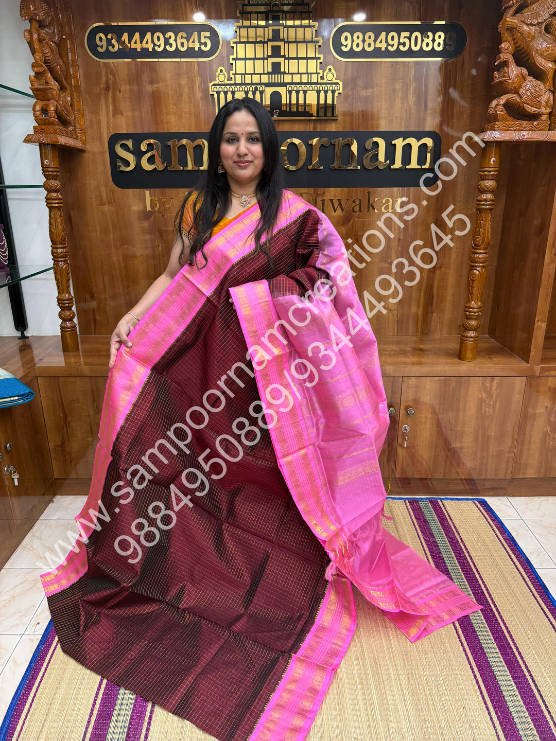 Arakku with Baby Pink Rich Zari Checks in the body and Rettapet Border , Grand Pallu Pure Korvai Silk Cotton Saree