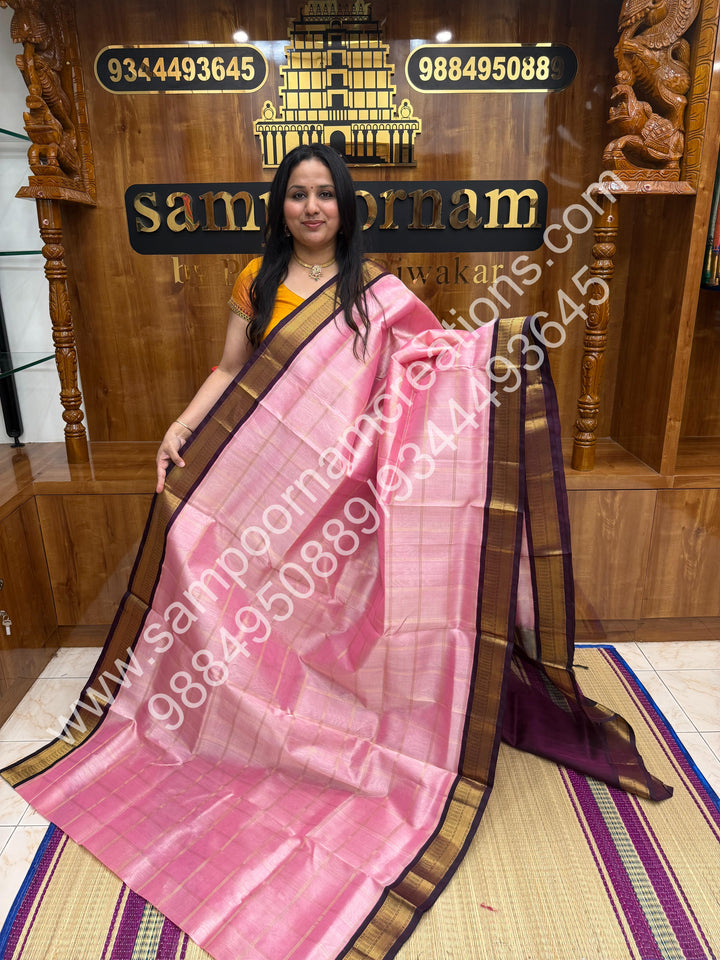 Baby Pink with Dark Arakku ,  Rich Zari Checks in the body and Traditional  Border , Grand Pallu Pure Korvai Silk Cotton Saree