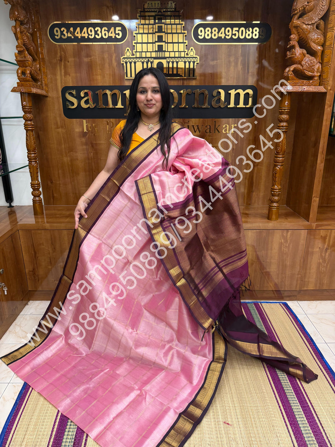 Baby Pink with Dark Arakku ,  Rich Zari Checks in the body and Traditional  Border , Grand Pallu Pure Korvai Silk Cotton Saree