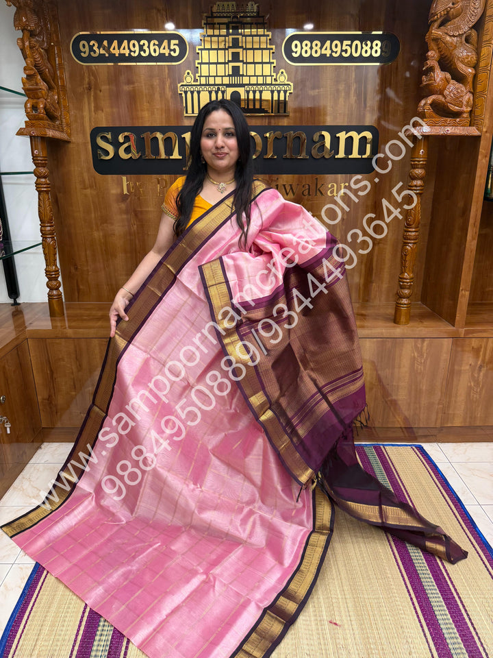 Baby Pink with Dark Arakku ,  Rich Zari Checks in the body and Traditional  Border , Grand Pallu Pure Korvai Silk Cotton Saree