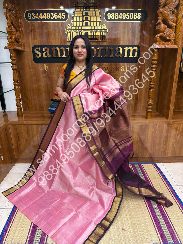 Baby Pink with Dark Arakku ,  Rich Zari Checks in the body and Traditional  Border , Grand Pallu Pure Korvai Silk Cotton Saree