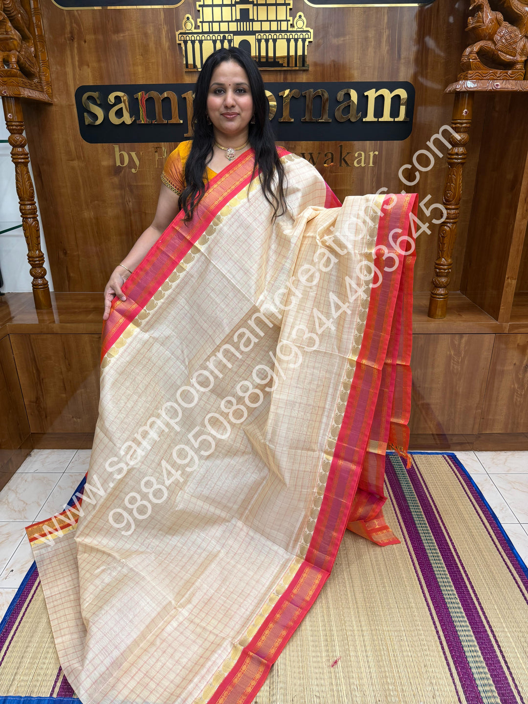 Offwhite with Orangish Pink ,Checks in the body and Rettapet Border , Grand Pallu Pure Korvai Silk Cotton Saree