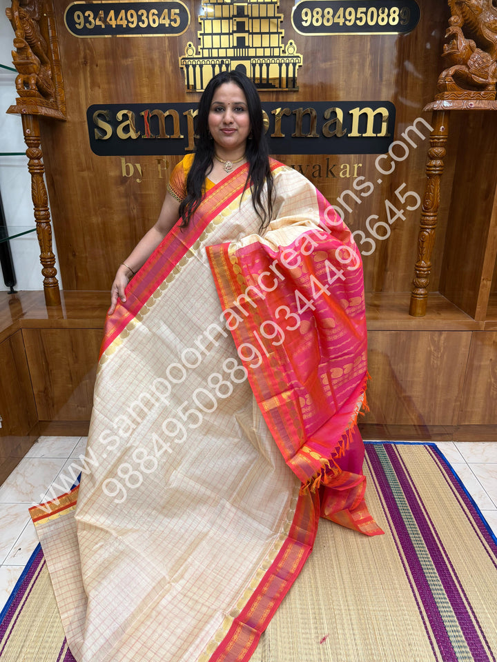 Offwhite with Orangish Pink ,Checks in the body and Rettapet Border , Grand Pallu Pure Korvai Silk Cotton Saree