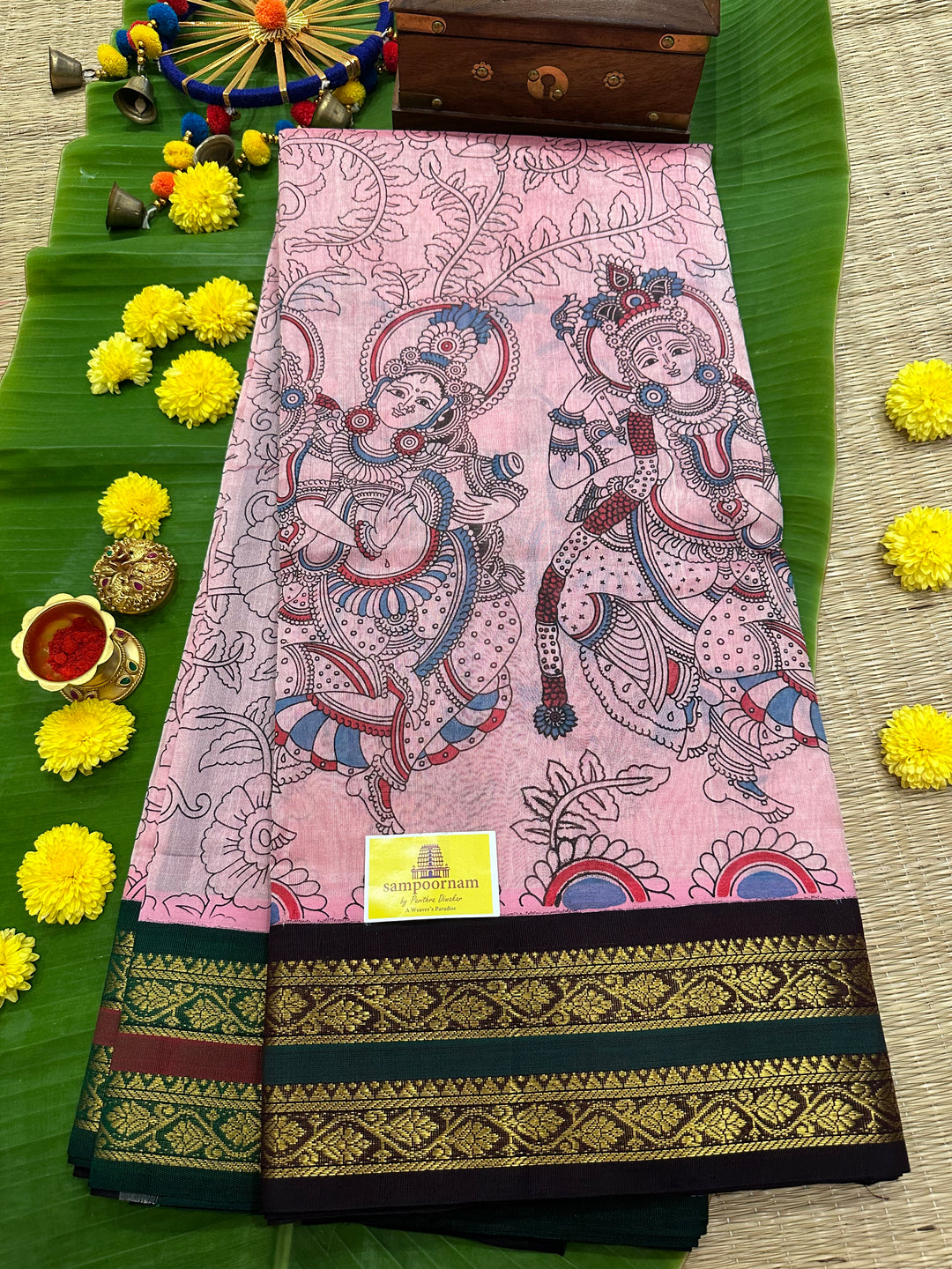 Onion Pink with Ganga Jamuna Border Brown/Green Krishna Radha Printed Korvai Silk Cotton Saree