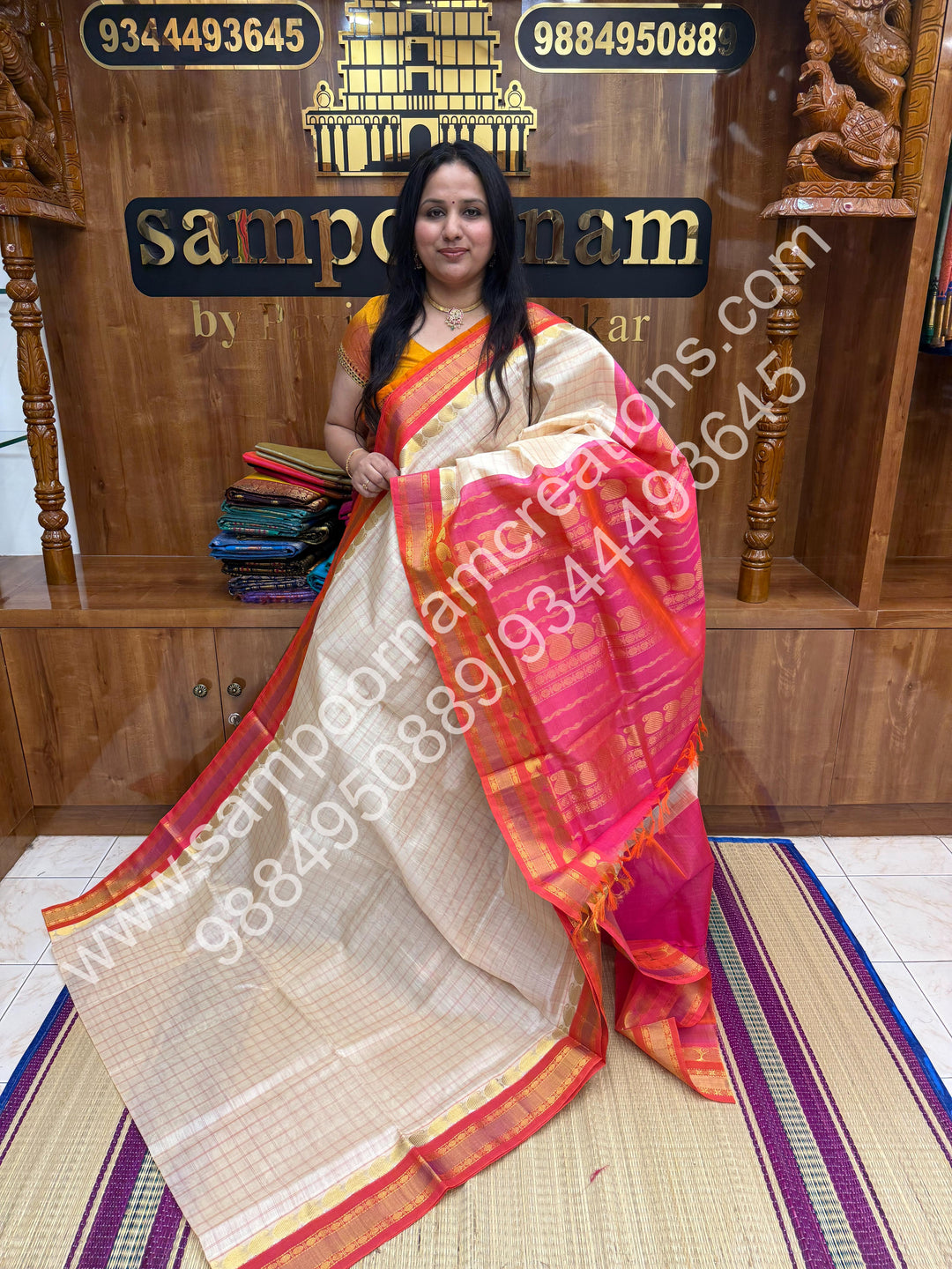 Offwhite with Orangish Pink ,Checks in the body and Rettapet Border , Grand Pallu Pure Korvai Silk Cotton Saree