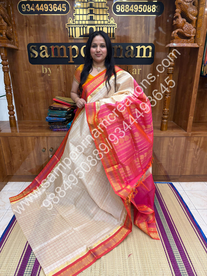 Offwhite with Orangish Pink ,Checks in the body and Rettapet Border , Grand Pallu Pure Korvai Silk Cotton Saree