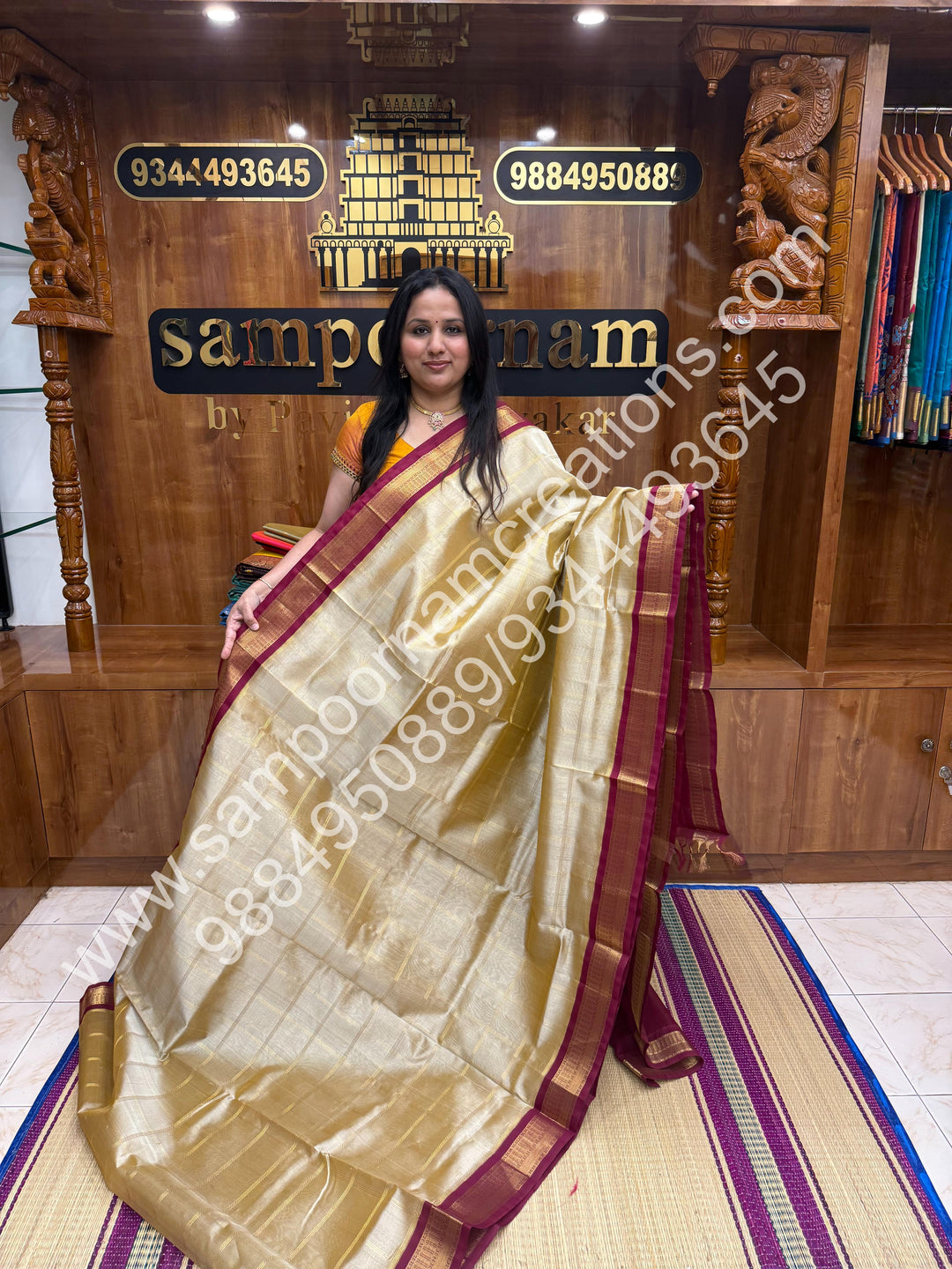 Light Gold with Maroon Rich Zari Checks in the body and Traditional  Border , Grand Pallu Pure Korvai Silk Cotton Saree