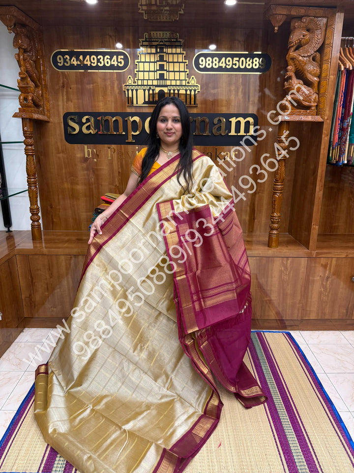 Light Gold with Maroon Rich Zari Checks in the body and Traditional  Border , Grand Pallu Pure Korvai Silk Cotton Saree