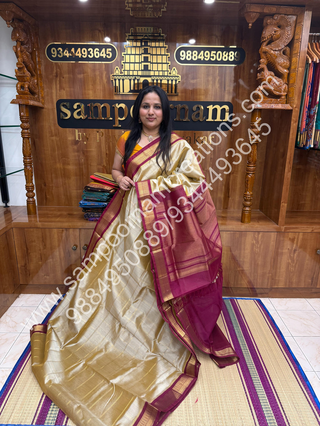 Light Gold with Maroon Rich Zari Checks in the body and Traditional  Border , Grand Pallu Pure Korvai Silk Cotton Saree