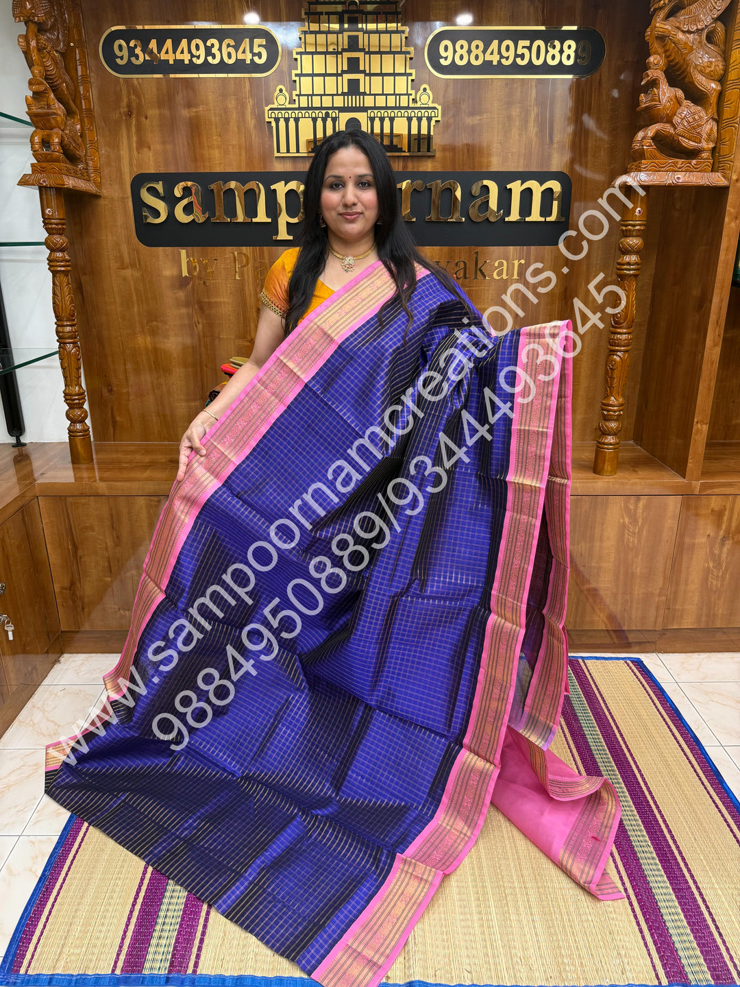 Indigo Blue with Baby Pink , Rich Zari Checks in the body and Traditional Border , Grand Pallu Pure Korvai Silk Cotton Saree
