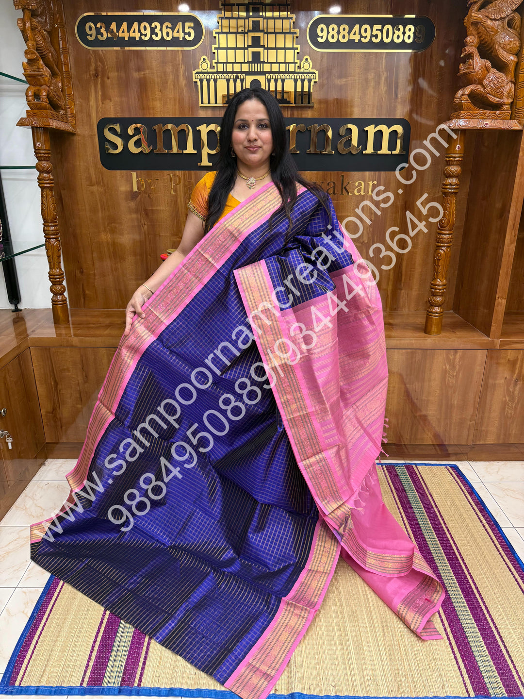 Indigo Blue with Baby Pink , Rich Zari Checks in the body and Traditional Border , Grand Pallu Pure Korvai Silk Cotton Saree