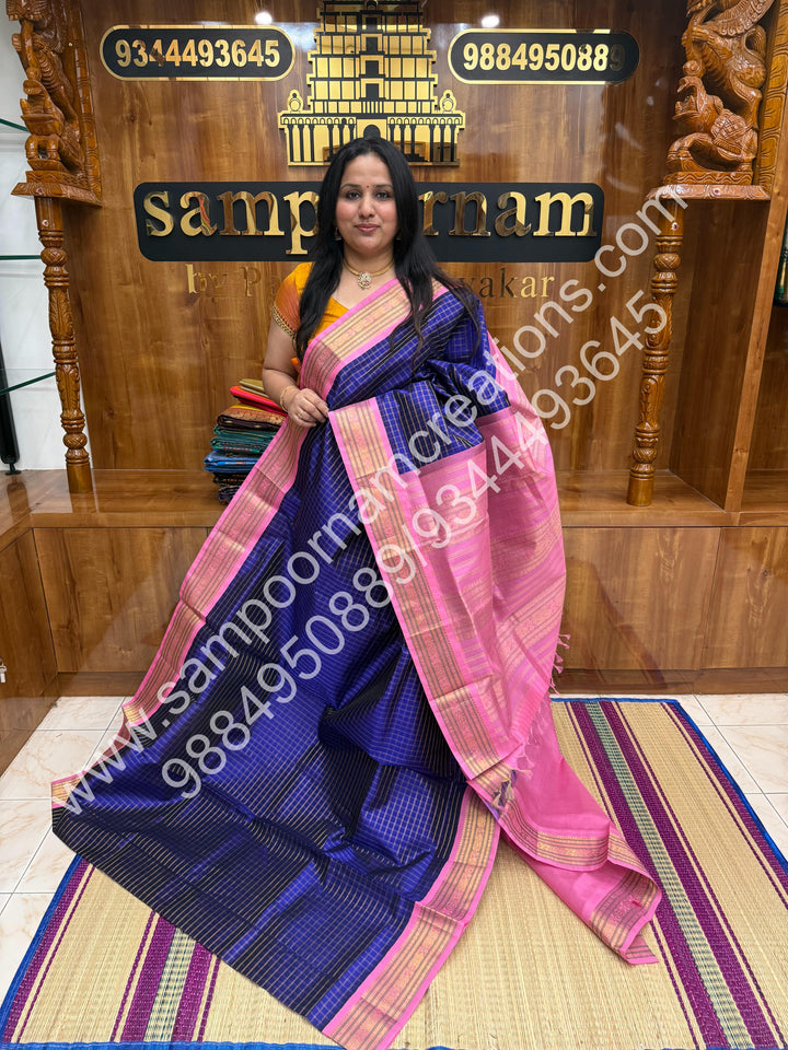 Indigo Blue with Baby Pink , Rich Zari Checks in the body and Traditional Border , Grand Pallu Pure Korvai Silk Cotton Saree
