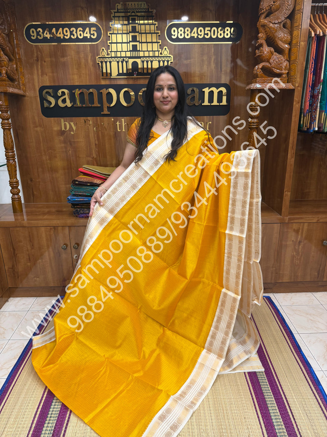 Yellow with Offwhite , Rich Zari Checks in the body and Rettapet Border , Grand Pallu Pure Korvai Silk Cotton Saree