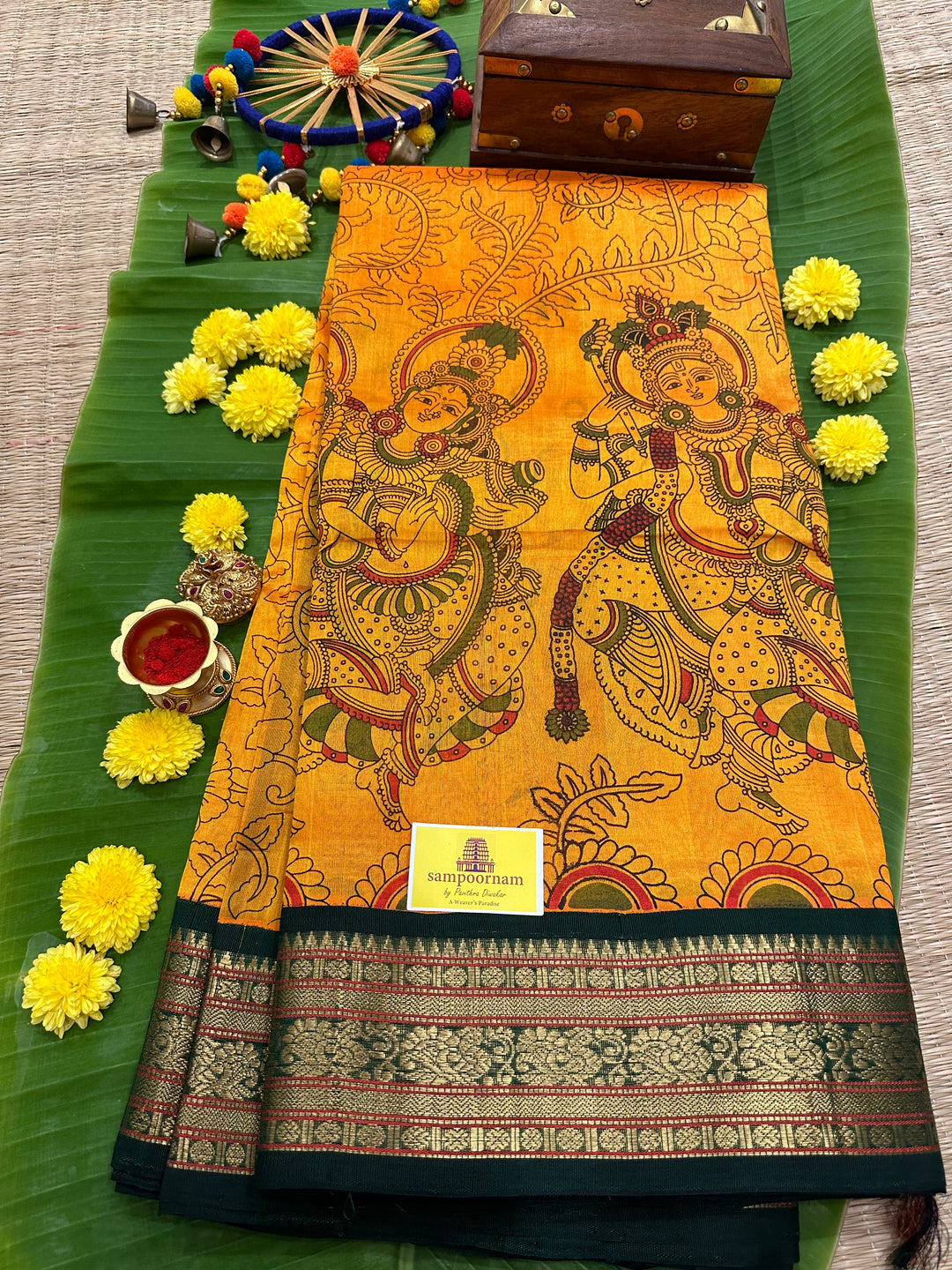 Mambazha Manjal With Green Radha Krishna Printed Korvai Silk Cotton Saree