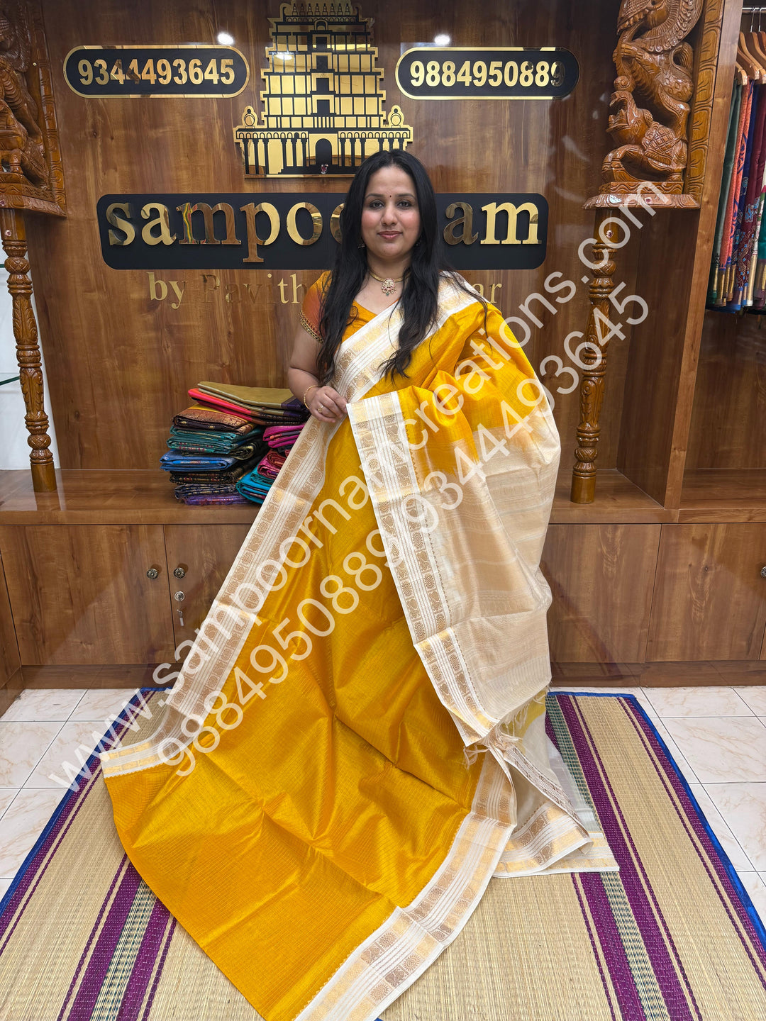 Yellow with Offwhite , Rich Zari Checks in the body and Rettapet Border , Grand Pallu Pure Korvai Silk Cotton Saree