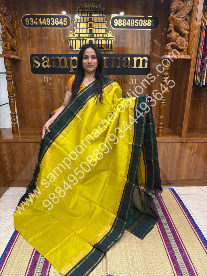 Lemon Yellow with Green , Rich Zari Checks in the body and Rettapet Border , Grand Pallu Pure Korvai Silk Cotton Saree