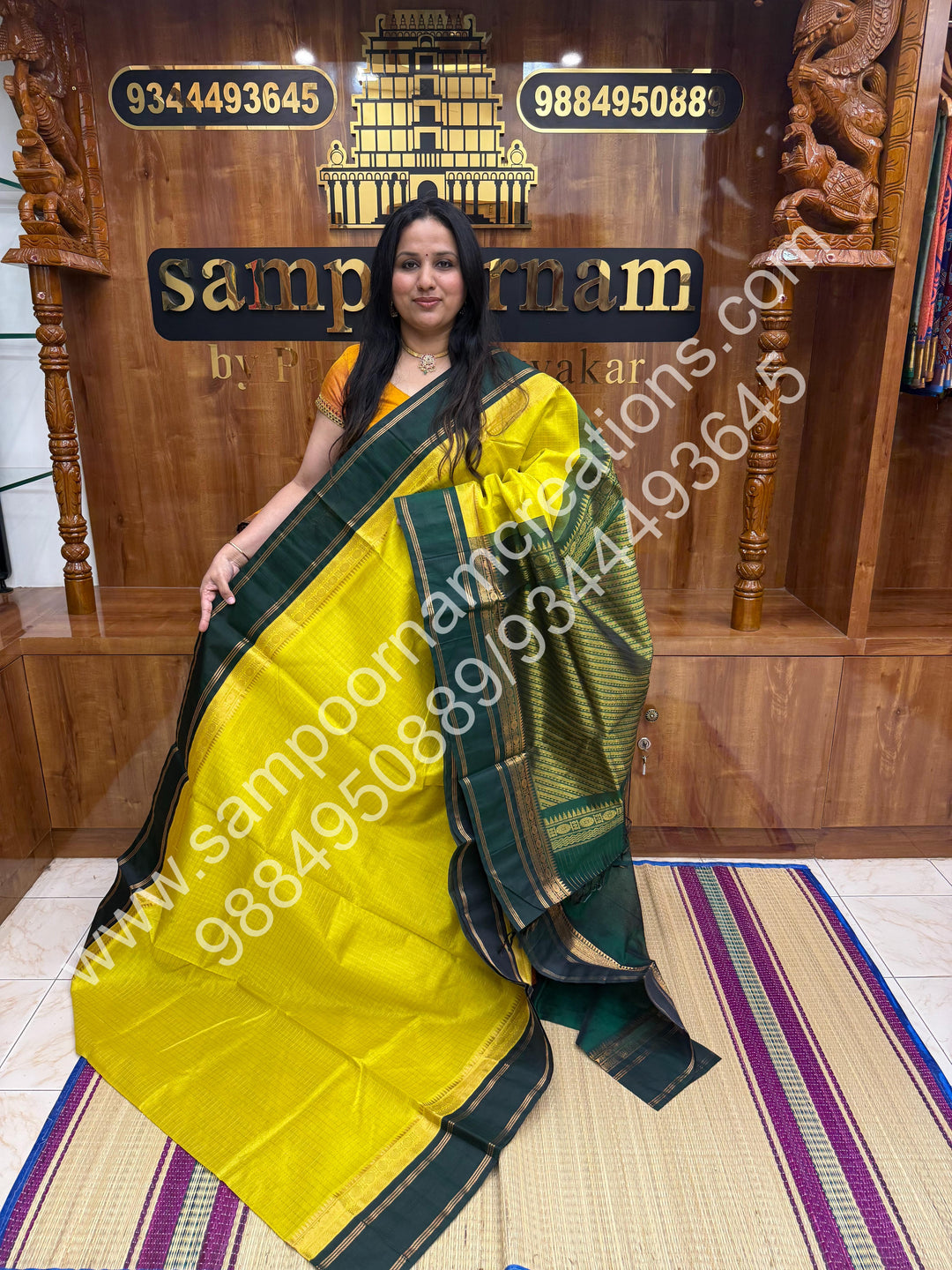 Lemon Yellow with Green , Rich Zari Checks in the body and Rettapet Border , Grand Pallu Pure Korvai Silk Cotton Saree