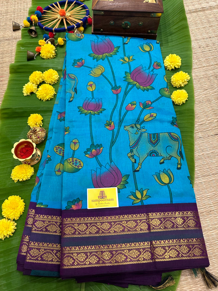 Ramar Blue with Purple Pichwai Printed Korvai Silk Cotton Saree