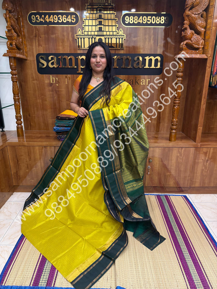 Lemon Yellow with Green , Rich Zari Checks in the body and Rettapet Border , Grand Pallu Pure Korvai Silk Cotton Saree
