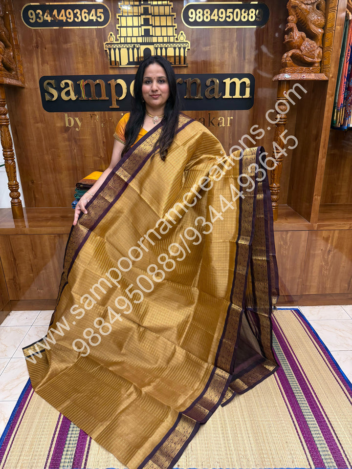 Gold with Arakku , Rich Zari Checks in the body and Traditional Border , Grand Pallu Pure Korvai Silk Cotton Saree