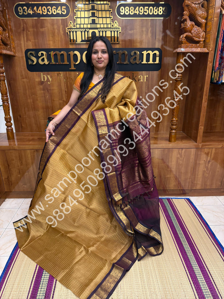Gold with Arakku , Rich Zari Checks in the body and Traditional Border , Grand Pallu Pure Korvai Silk Cotton Saree
