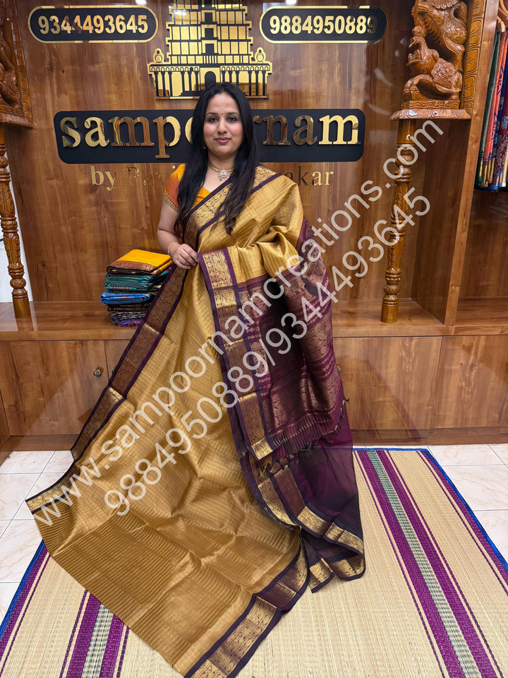 Gold with Arakku , Rich Zari Checks in the body and Traditional Border , Grand Pallu Pure Korvai Silk Cotton Saree