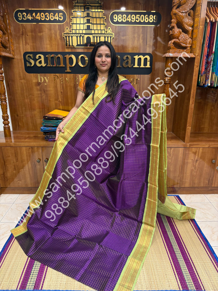 Violet with Pastel Green , Rich Zari Double Checks in the body and Traditional Border , Grand Pallu Pure Korvai Silk Cotton Saree