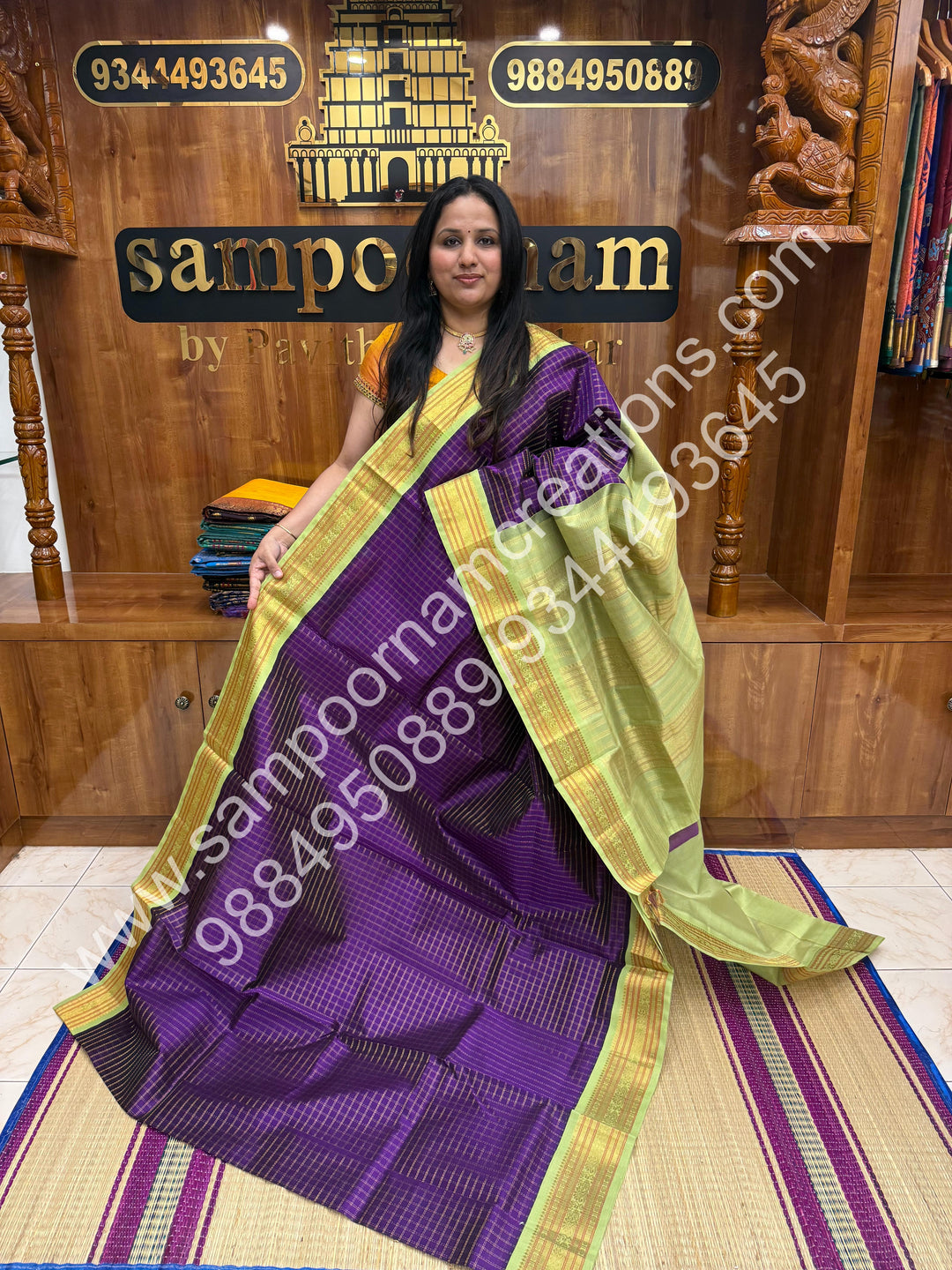 Violet with Pastel Green , Rich Zari Double Checks in the body and Traditional Border , Grand Pallu Pure Korvai Silk Cotton Saree