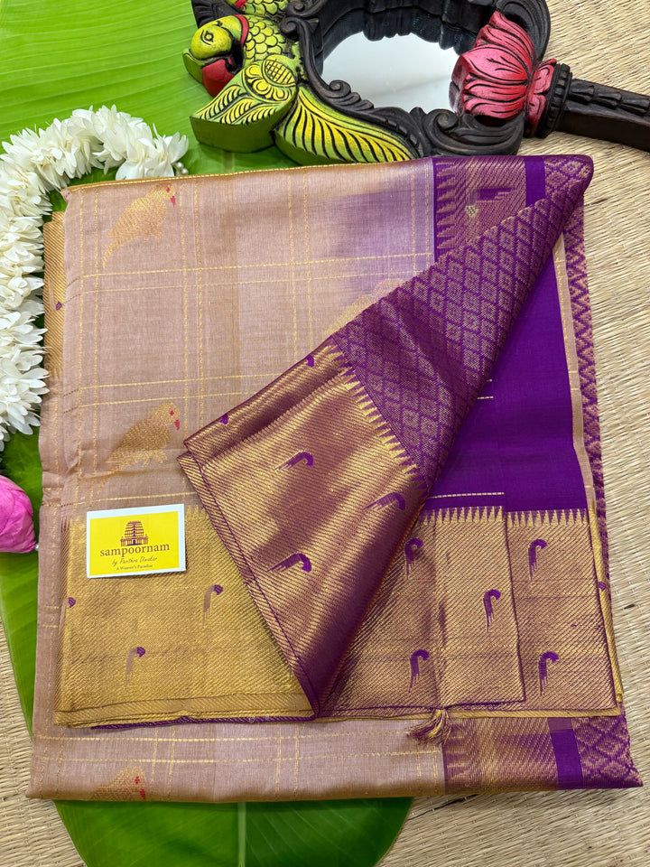 Light Biscuit Colour with Purple , parrot motifs and Zari checks in the body , Rich Pallu and paithani borders pure silk cotton saree
