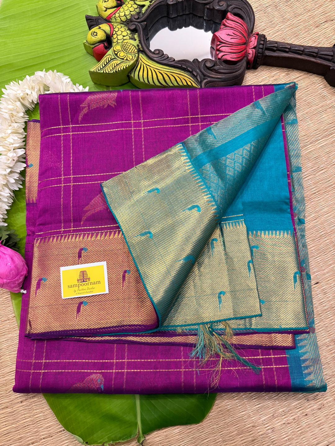 Vadamali Purple with Turquoise Blue , parrot motifs and Zari checks in the body , Rich Pallu and paithani borders pure silk cotton saree