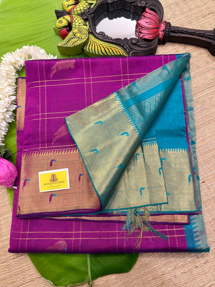 Vadamali Purple with Turquoise Blue , parrot motifs and Zari checks in the body , Rich Pallu and paithani borders pure silk cotton saree