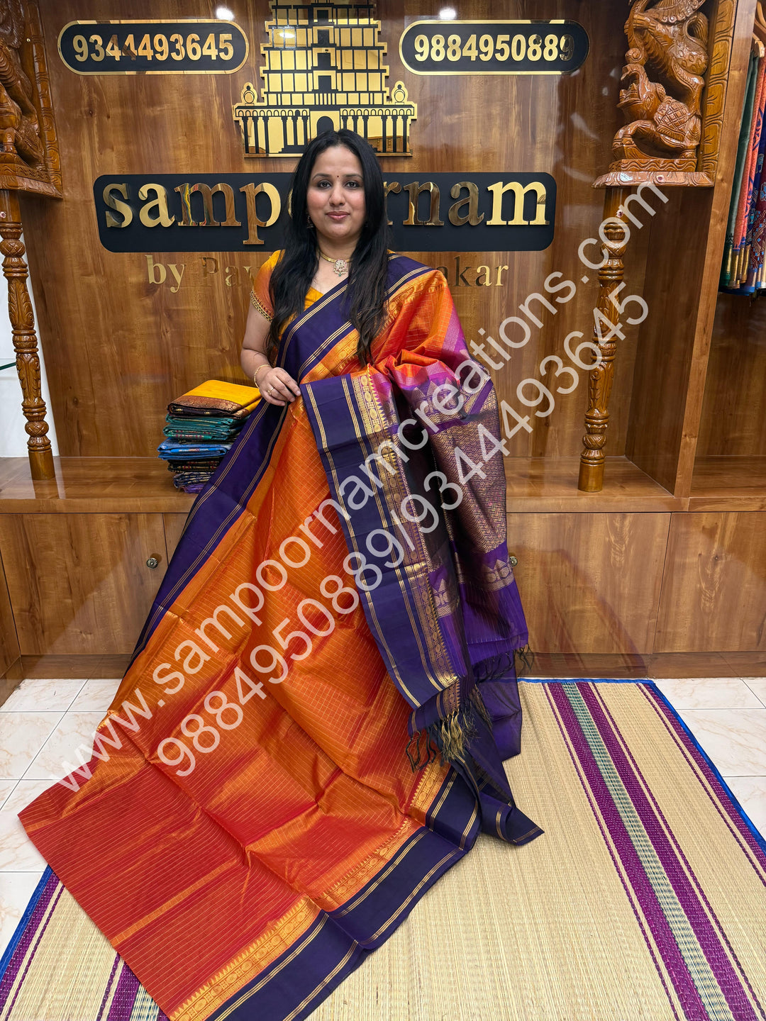 Rust Orange with Purple , Rich Zari Checks in the body and Rettapet Border , Grand Pallu Pure Korvai Silk Cotton Saree