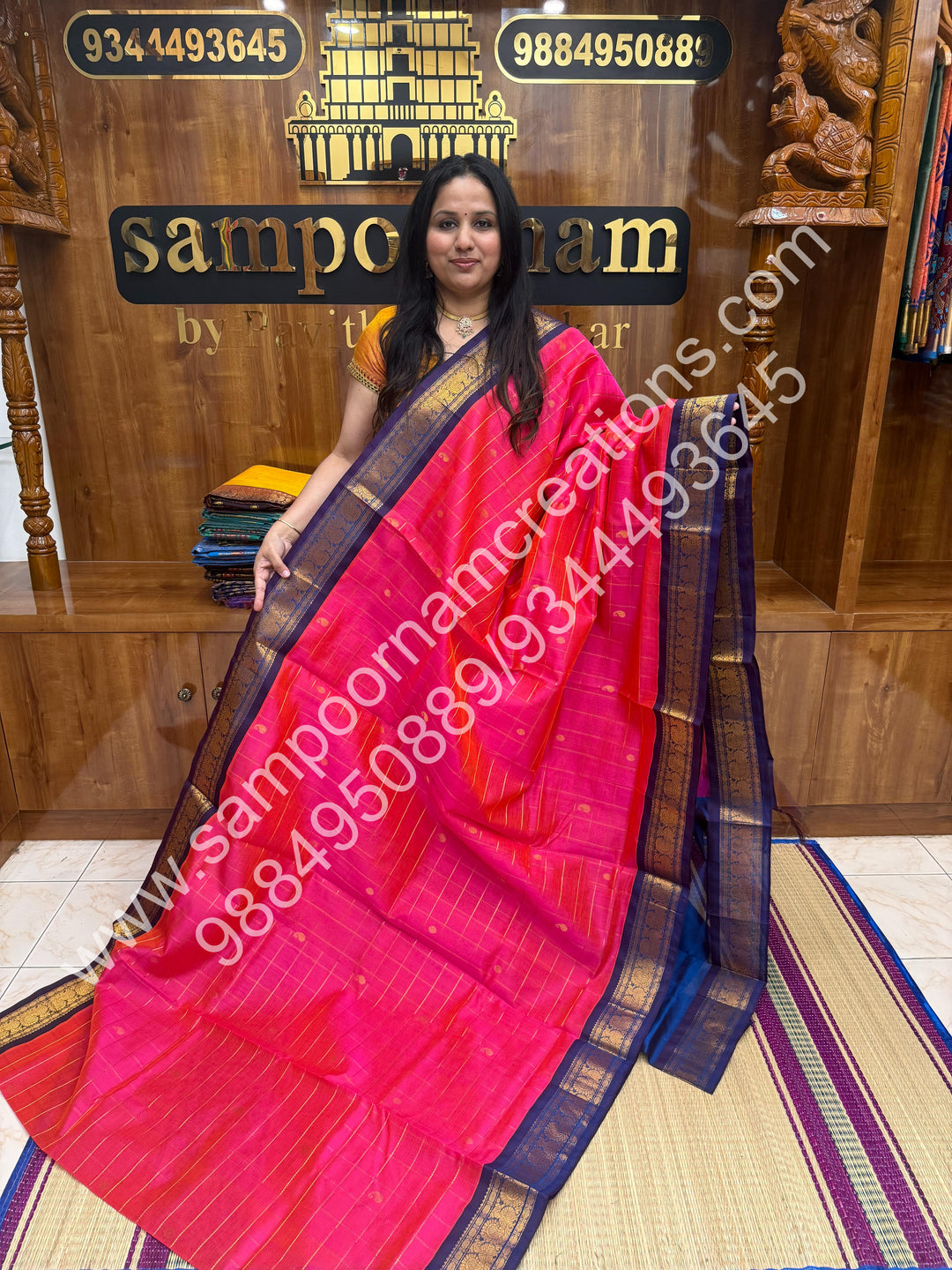 Dark Pink with Mayilkazhuthu , Rich Zari Checks with Mango and Rudraksh Butta in the body and Traditional Border , Grand Pallu Pure Korvai Silk Cotton Saree