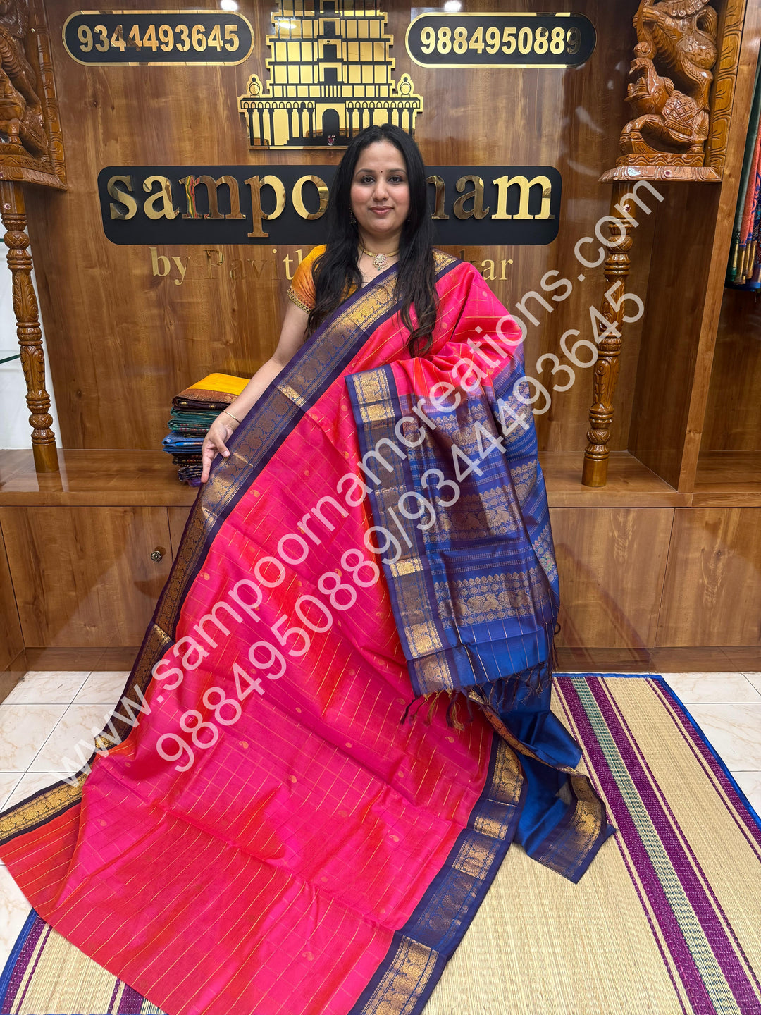 Dark Pink with Mayilkazhuthu , Rich Zari Checks with Mango and Rudraksh Butta in the body and Traditional Border , Grand Pallu Pure Korvai Silk Cotton Saree