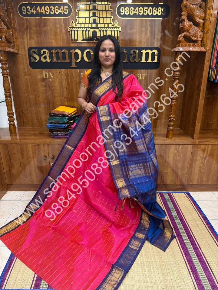 Dark Pink with Mayilkazhuthu , Rich Zari Checks with Mango and Rudraksh Butta in the body and Traditional Border , Grand Pallu Pure Korvai Silk Cotton Saree