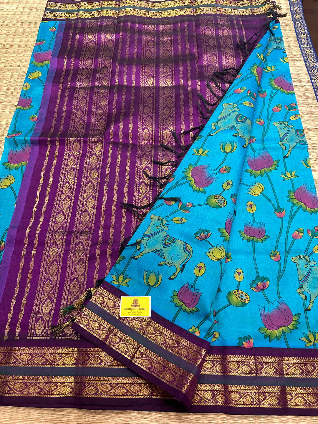 Ramar Blue with Purple Pichwai Printed Korvai Silk Cotton Saree