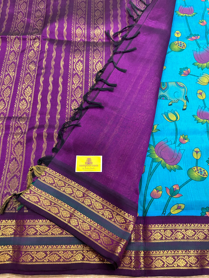 Ramar Blue with Purple Pichwai Printed Korvai Silk Cotton Saree