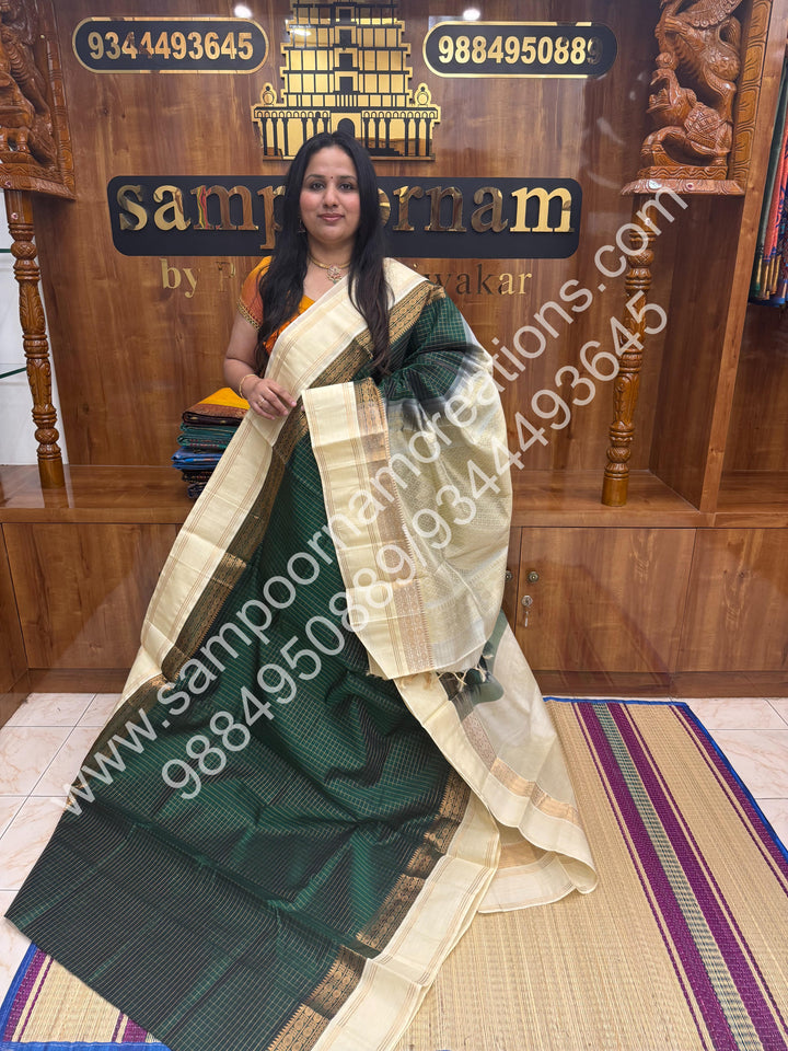 Green with Offwhite , Rich Zari Checks in the body and Rettapet Border , Grand Pallu Pure Korvai Silk Cotton Saree
