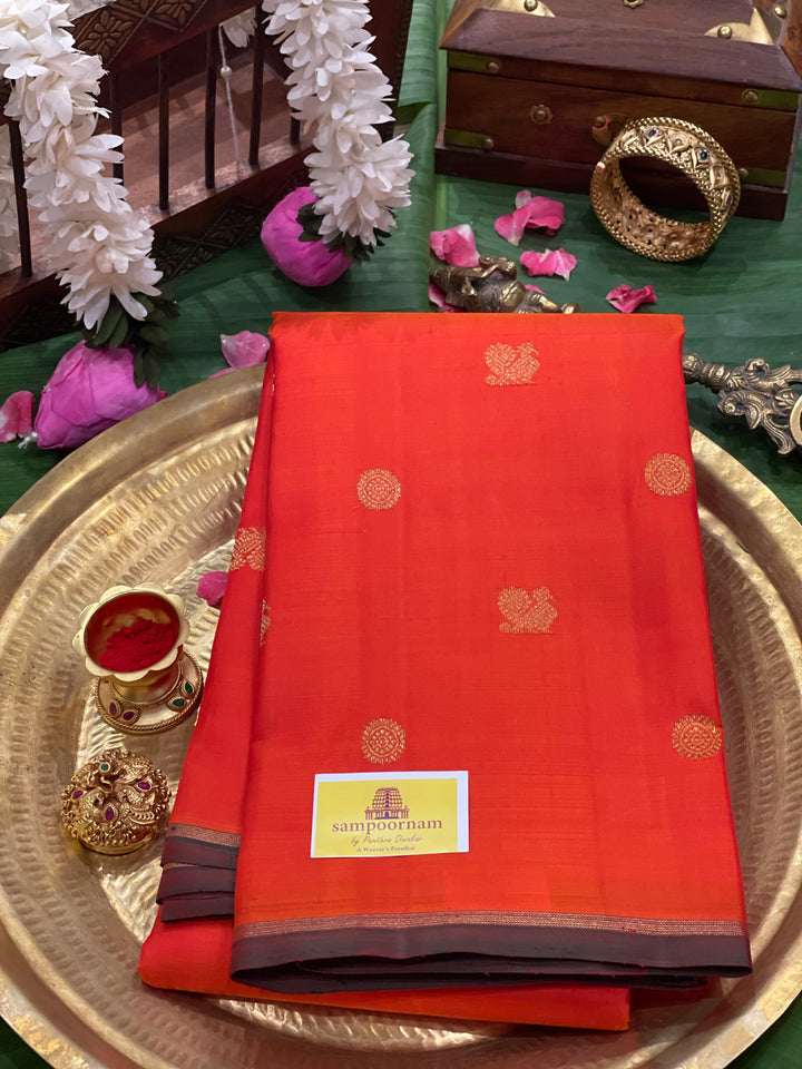 Fanta Orange with Maroon mayil Chakram Small Zari Butta with Traditional Kalakshetra Killi Pallu - Kanjivaram Silk Saree